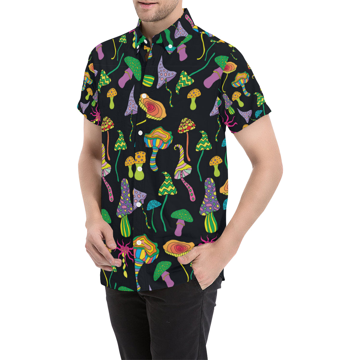 Psychedelic Mushroom Pattern Print Design A02 Men's Short Sleeve Button Up Shirt