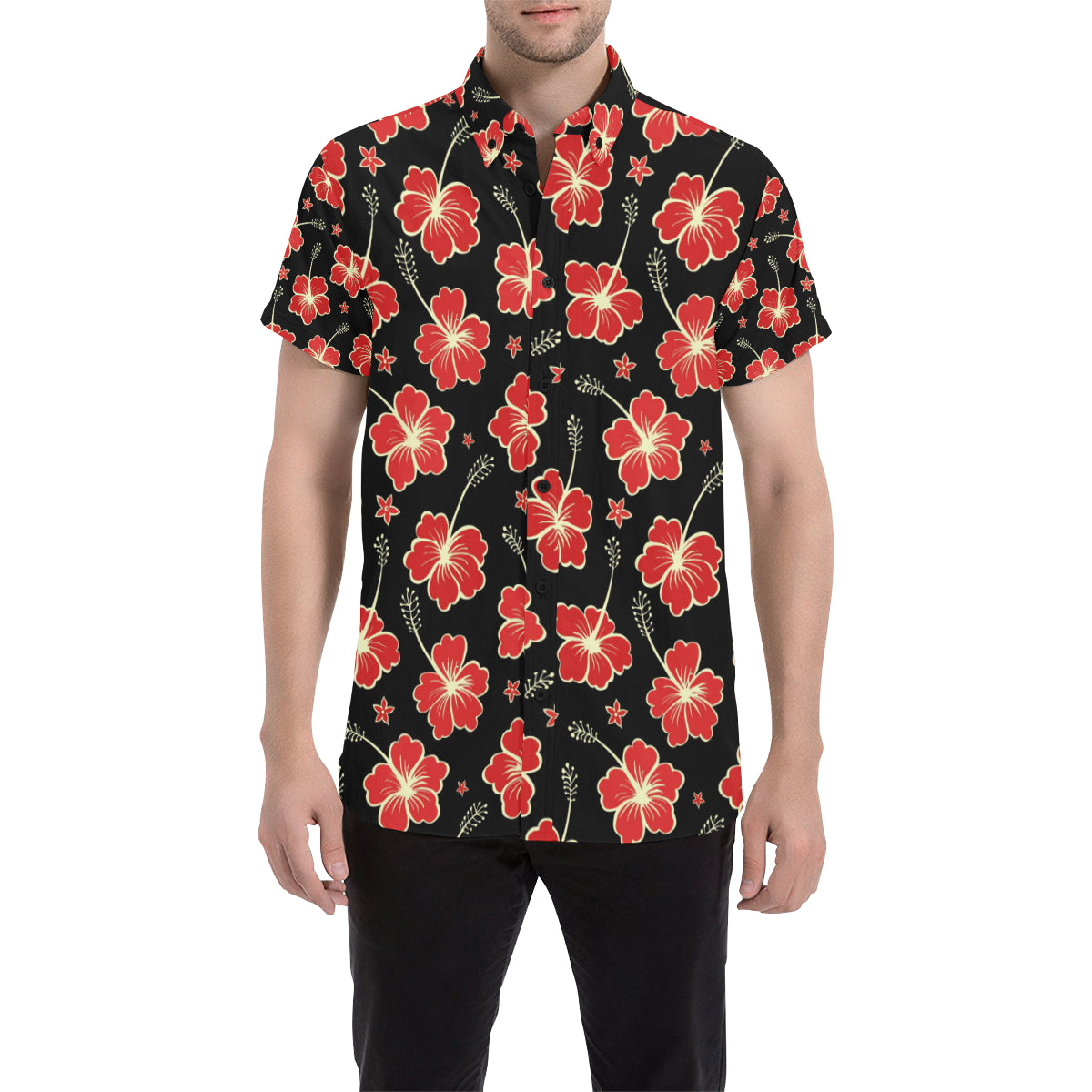 Red Hibiscus Pattern Print Design HB021 Men's Short Sleeve Button Up Shirt