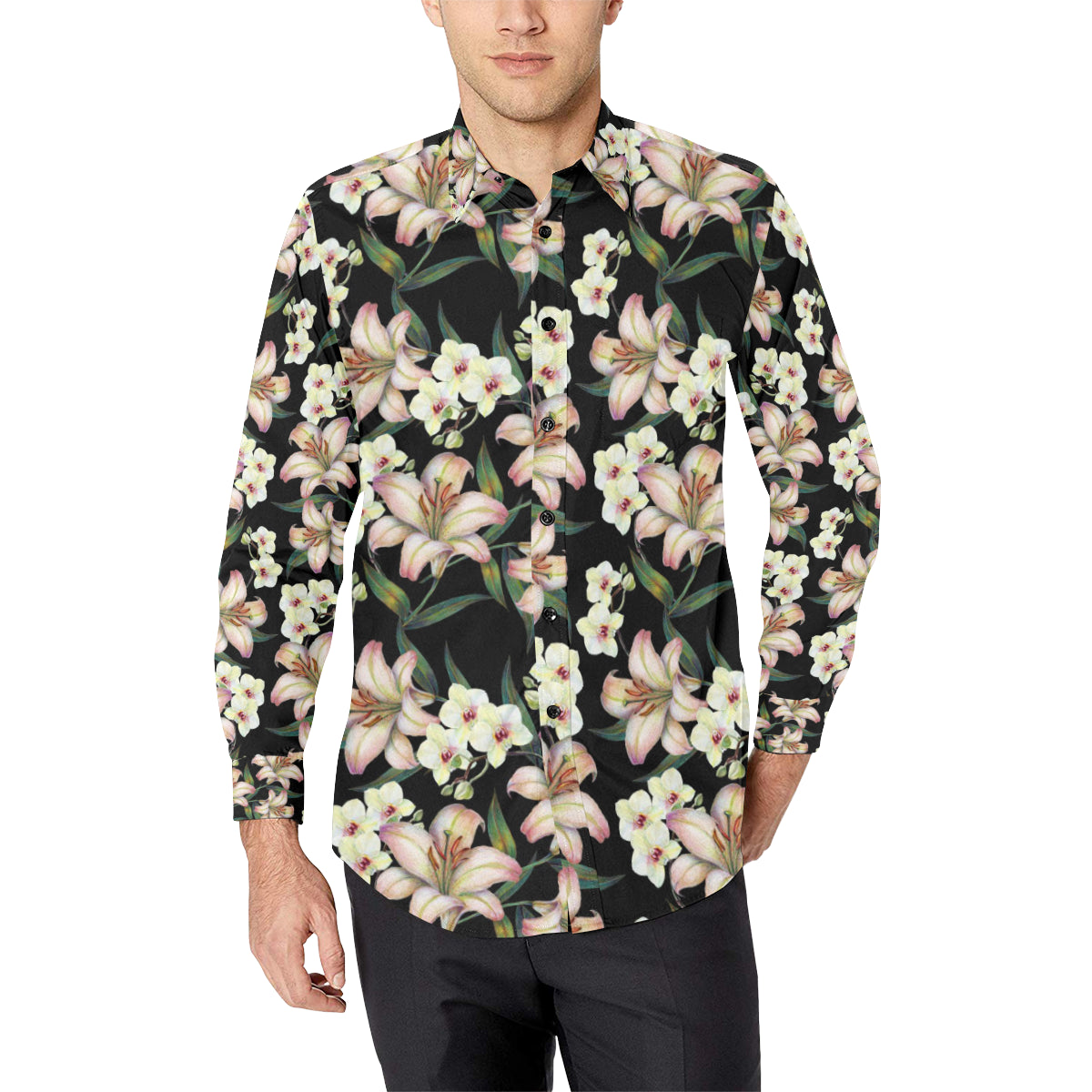 Lily Pattern Print Design LY03 Men's Long Sleeve Shirt