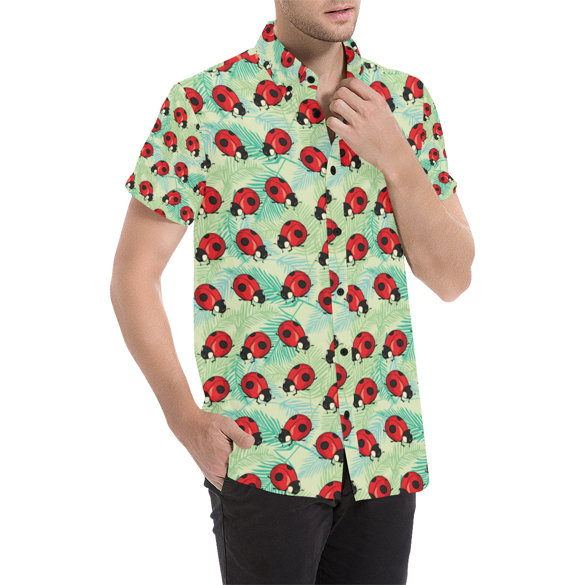 Ladybug Cute Print Pattern Men's Short Sleeve Button Up Shirt
