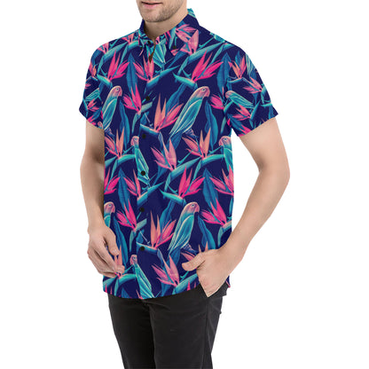 Tropical Flower Pattern Print Design TF024 Men's Short Sleeve Button Up Shirt