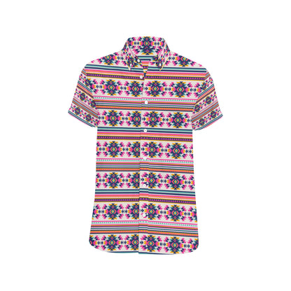 Indian Navajo Neon Themed Design Print Men's Short Sleeve Button Up Shirt