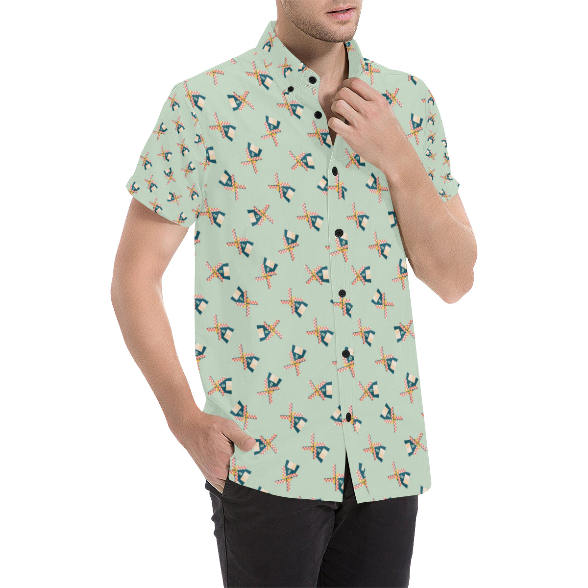 Windmill Pattern Print Design 02 Men's Short Sleeve Button Up Shirt