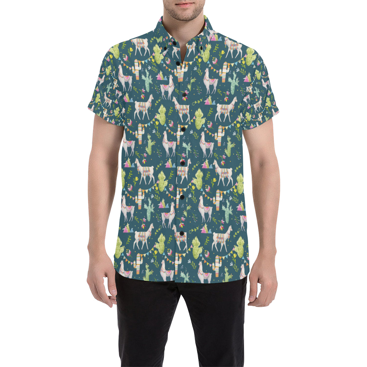 Llama with Cactus Design Print Men's Short Sleeve Button Up Shirt