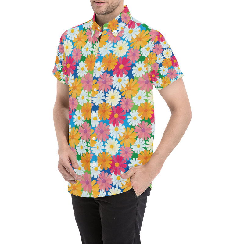 Daisy Pattern Print Design DS05 Men's Short Sleeve Button Up Shirt