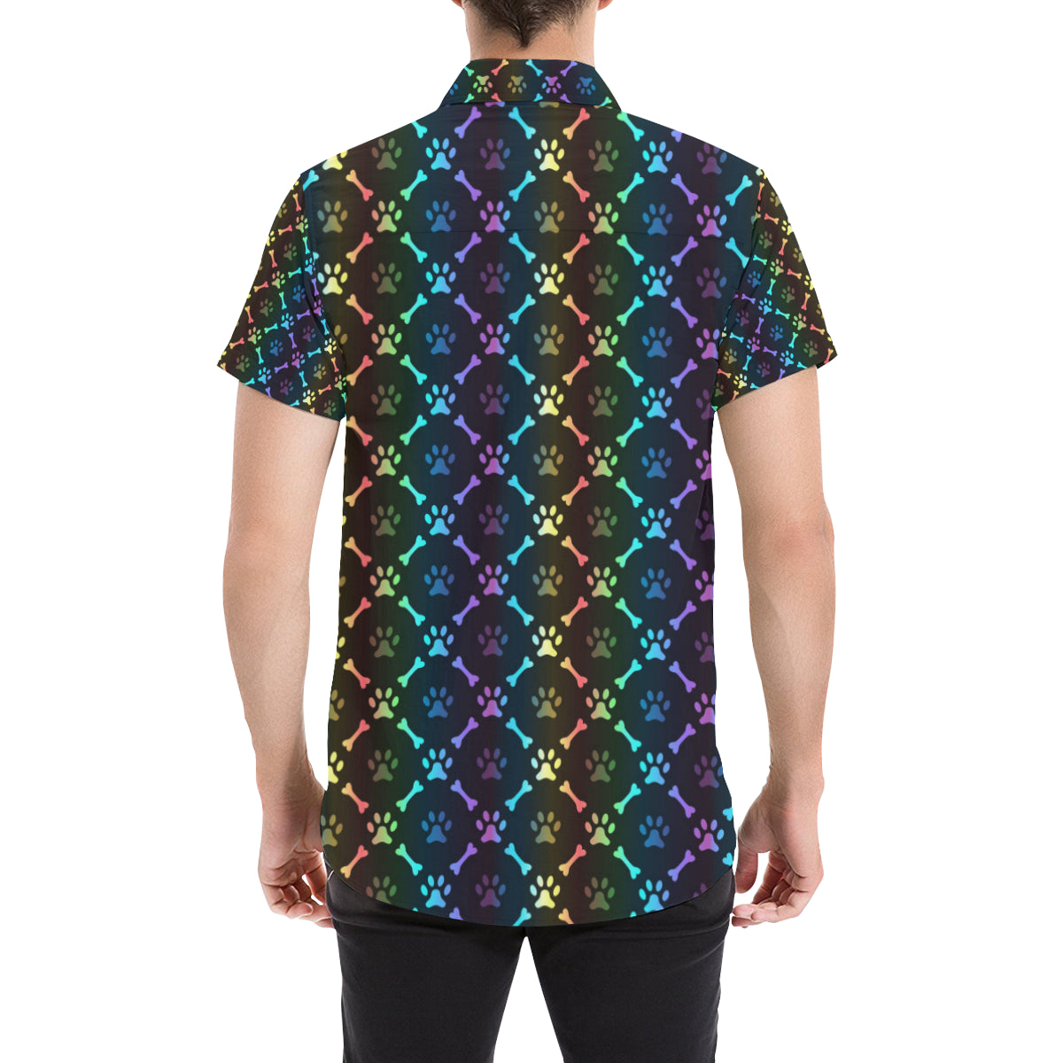 Paw Rainbow Print Men's Short Sleeve Button Up Shirt