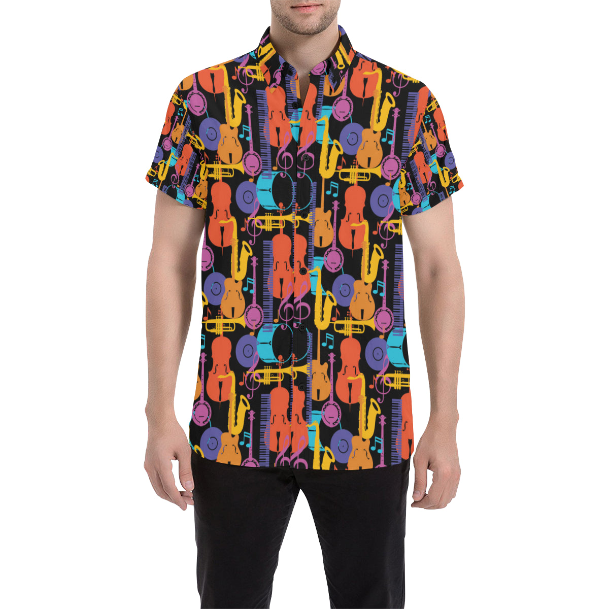Jazz Pattern Print Design 03 Men's Short Sleeve Button Up Shirt