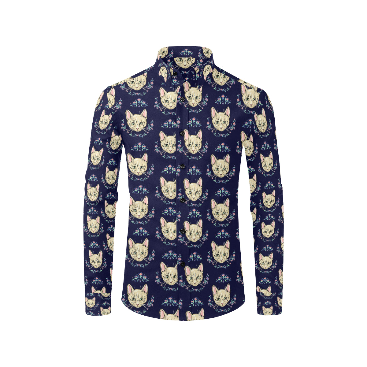 Cat Head with flower Print Pattern Men's Long Sleeve Shirt