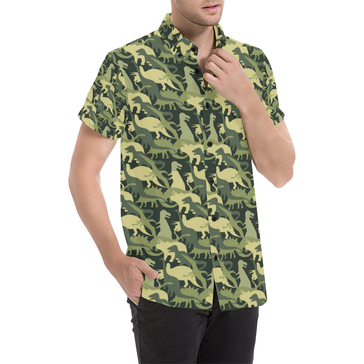 Camouflage Dinosaur Pattern Print Design 03 Men's Short Sleeve Button Up Shirt