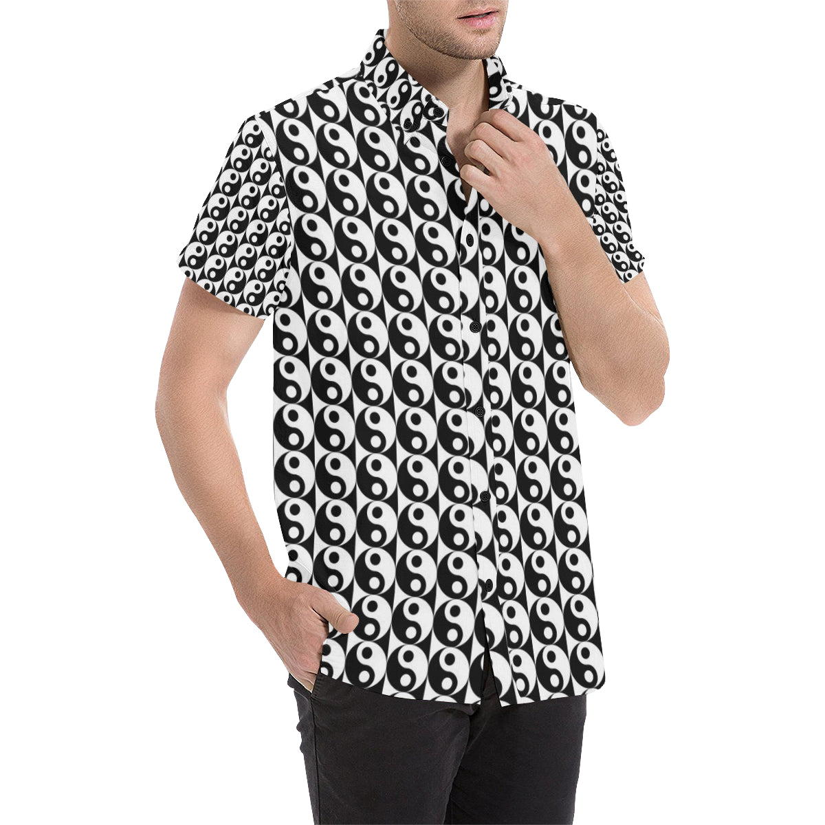 Yin Yang Classic Pattern Design Print Men's Short Sleeve Button Up Shirt