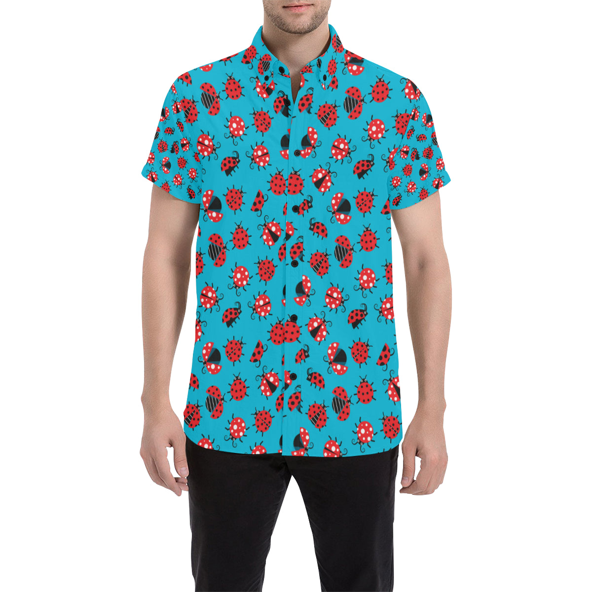 Ladybug Action Print Pattern Men's Short Sleeve Button Up Shirt