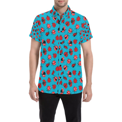 Ladybug Action Print Pattern Men's Short Sleeve Button Up Shirt