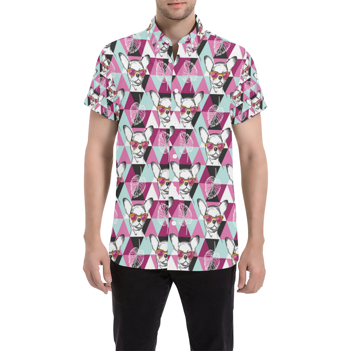 Chihuahua Cute Triangle Pattern Men's Short Sleeve Button Up Shirt