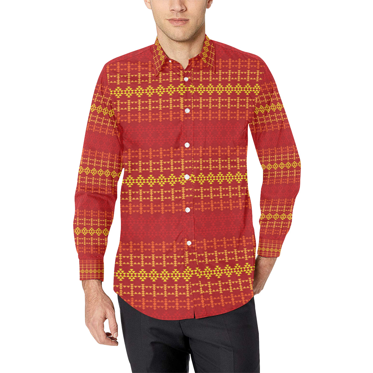 Southwest Red Gold Design Themed Print Men's Long Sleeve Shirt