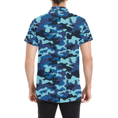 Camo Blue Pattern Print Design 04 Men's Short Sleeve Button Up Shirt