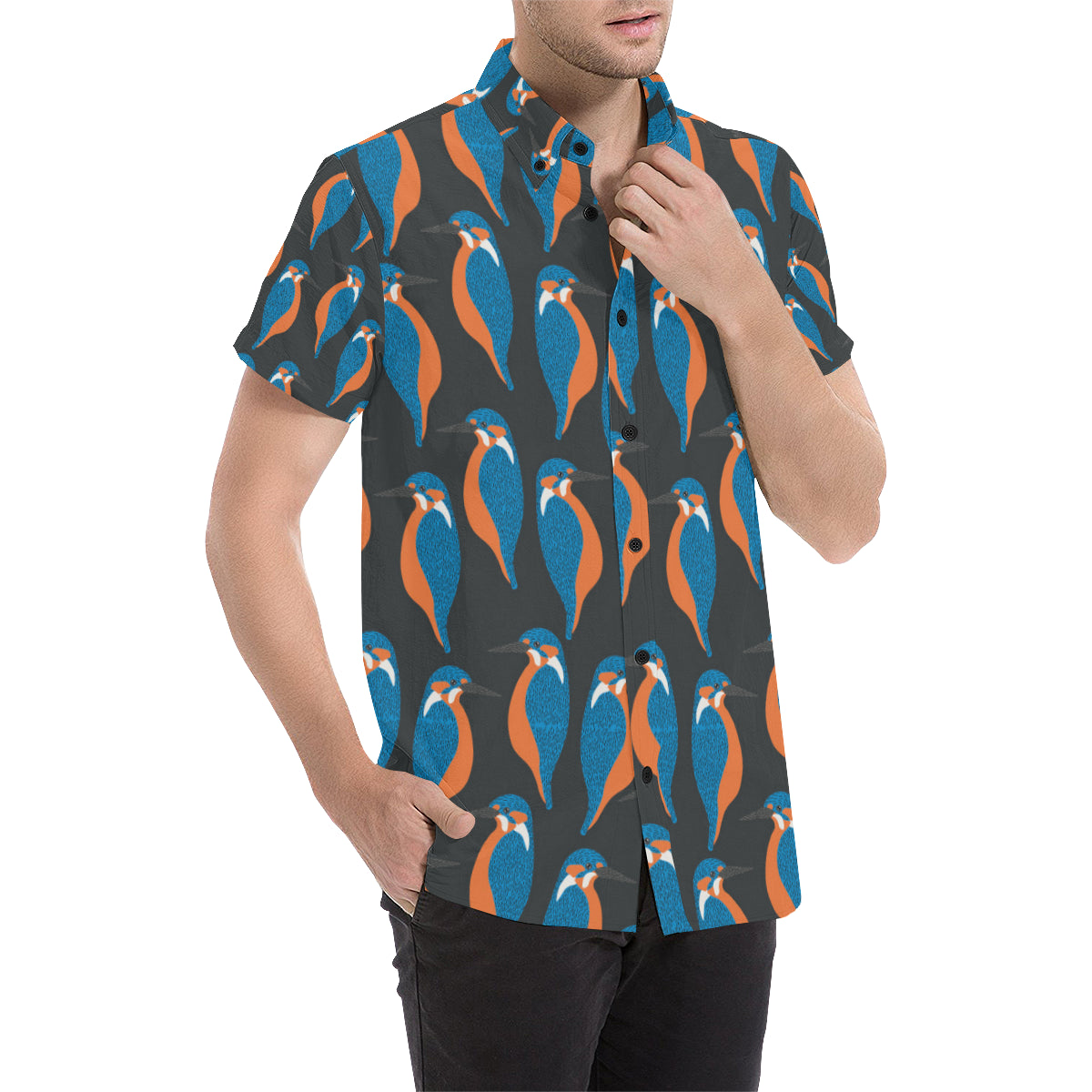 Kingfisher Pattern Print Design 03 Men's Short Sleeve Button Up Shirt
