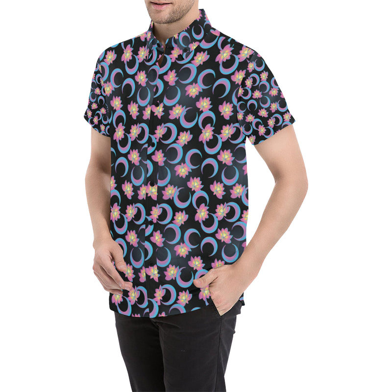 Lotus with Moon Pink Print Themed Men's Short Sleeve Button Up Shirt