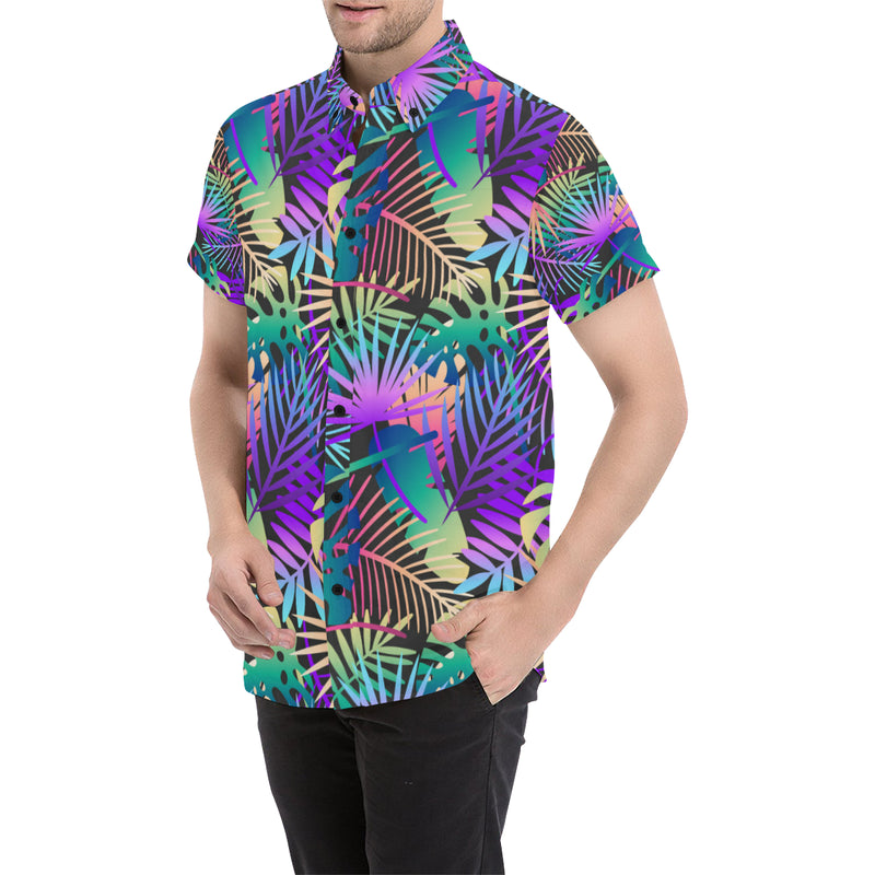 Neon Flower Tropical Palm Leaves Men's Short Sleeve Button Up Shirt