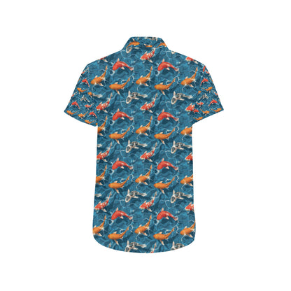 Koi Carp Water Design Themed Print Men's Short Sleeve Button Up Shirt