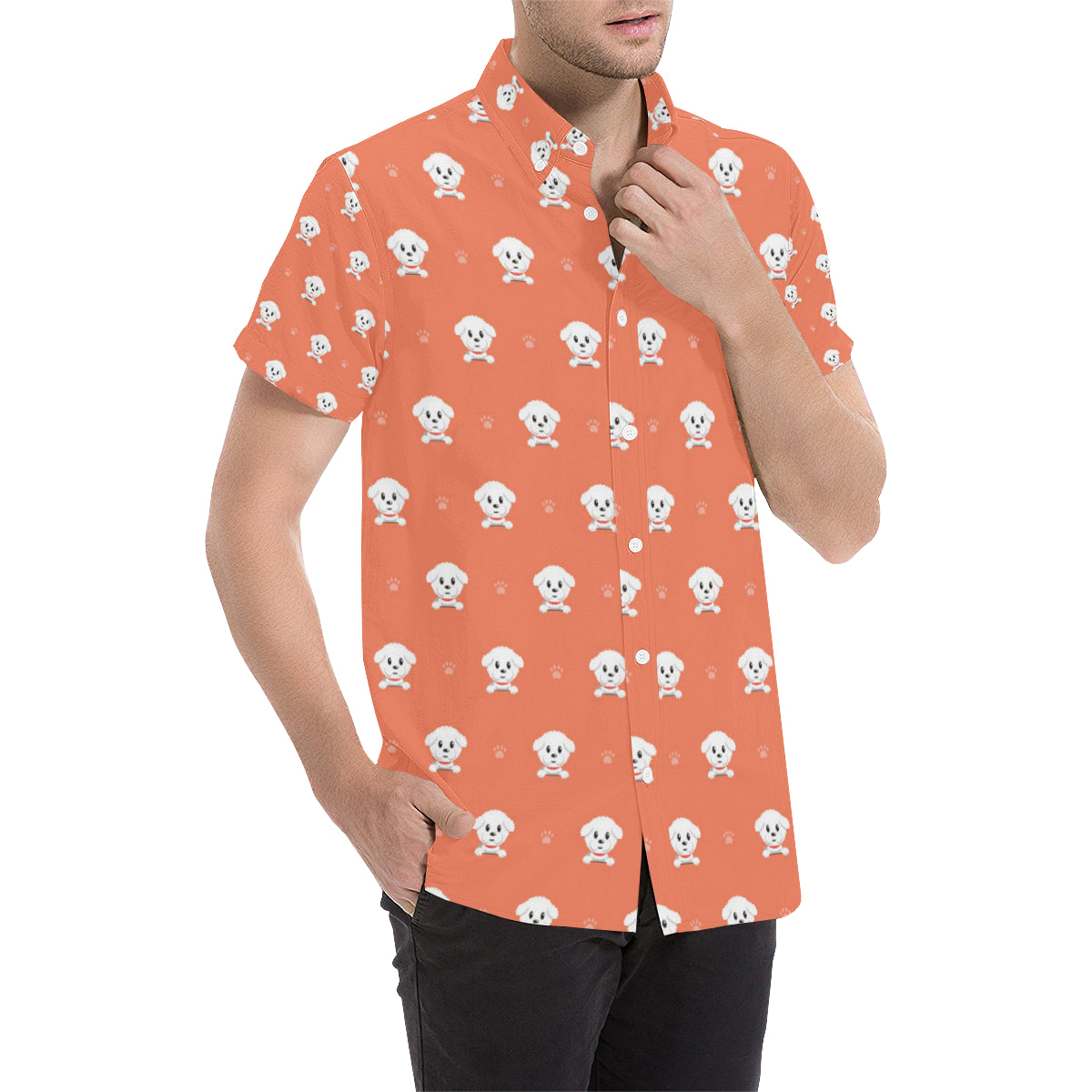 Bichons Frise Pattern Print Design 02 Men's Short Sleeve Button Up Shirt