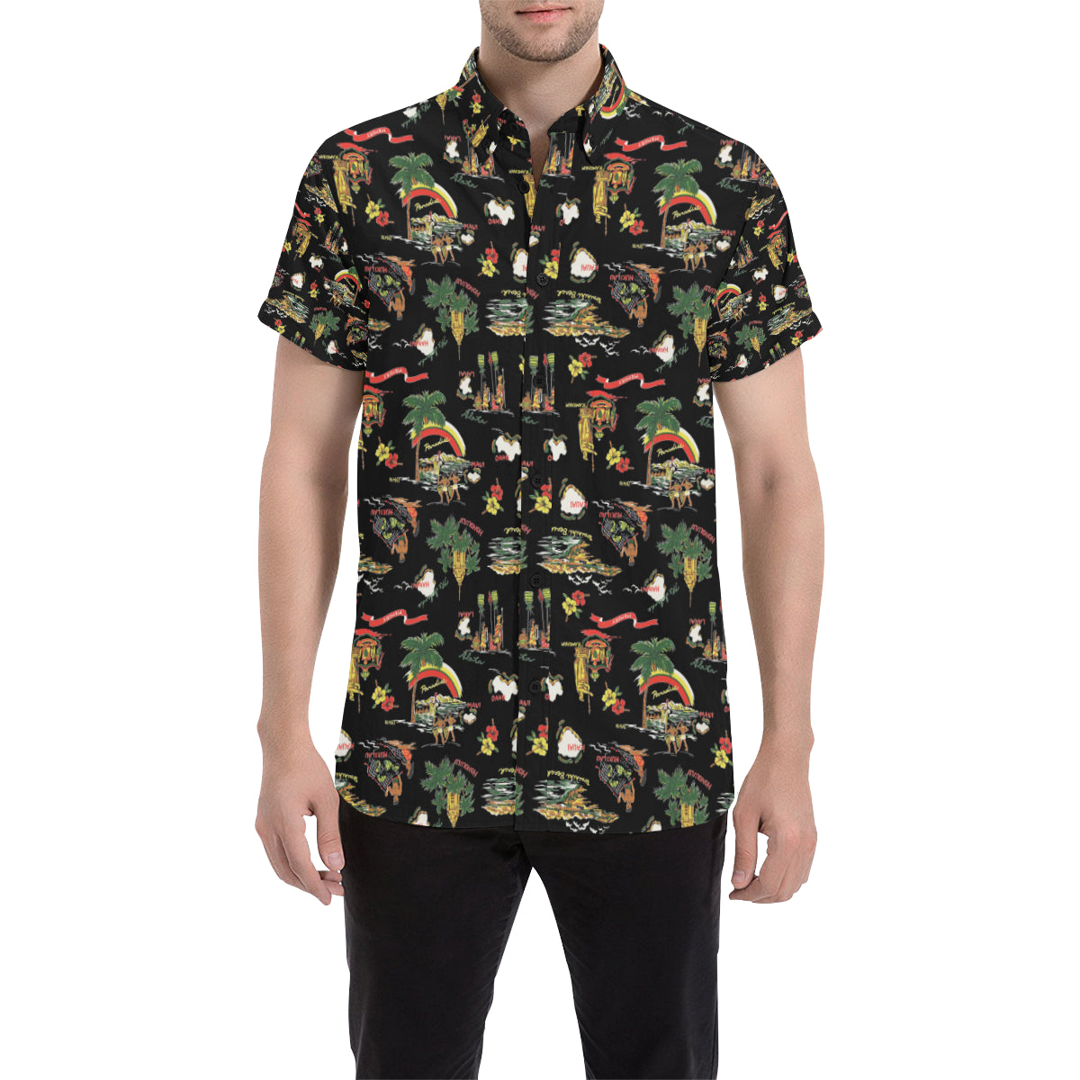 Hawaiian Island Themed Print Men's Short Sleeve Button Up Shirt