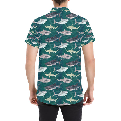 Shark Style Print Men's Short Sleeve Button Up Shirt