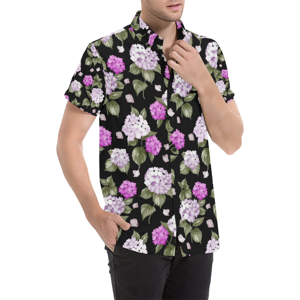 Hydrangea Pattern Print Design HD011 Men's Short Sleeve Button Up Shirt