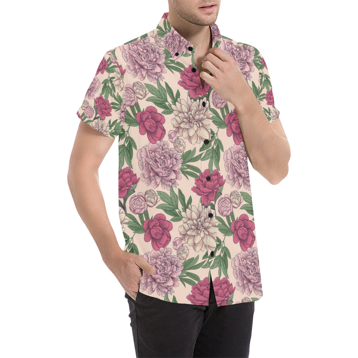 Peony Pattern Print Design A01 Men's Short Sleeve Button Up Shirt