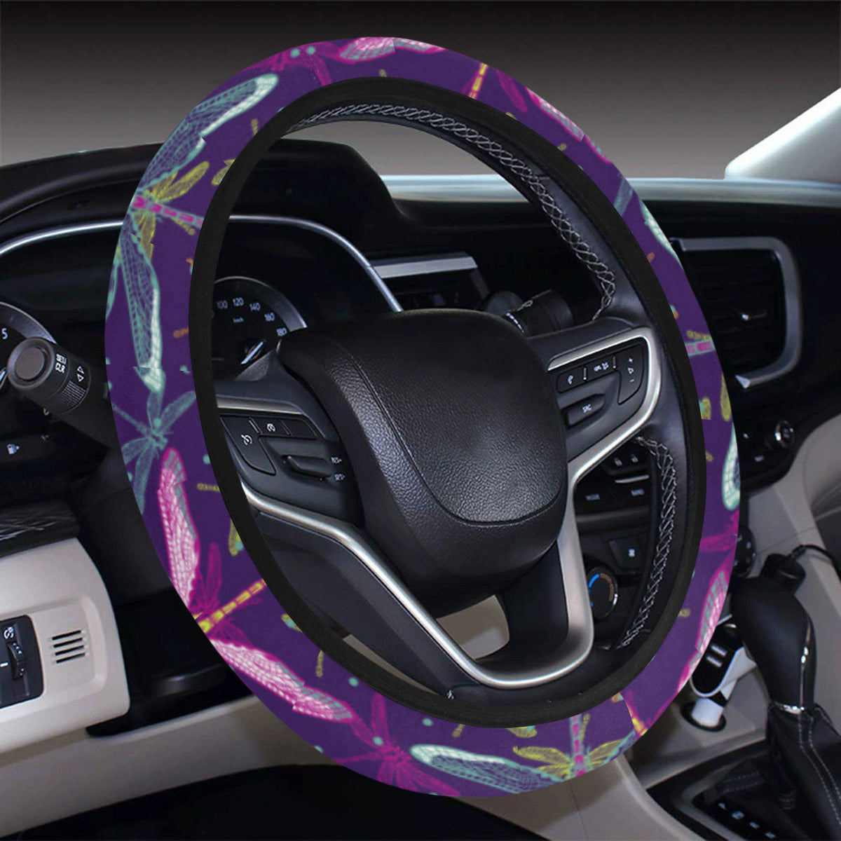 Dragonfly Neon Color Print Pattern Steering Wheel Cover with Elastic Edge