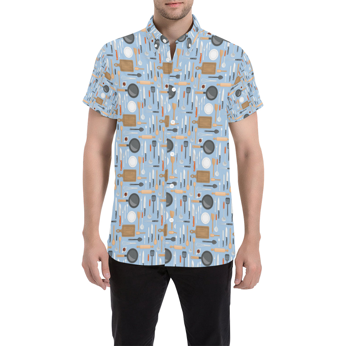 Cooking Kitchen Tools Pattern Print Design 02 Men's Short Sleeve Button Up Shirt