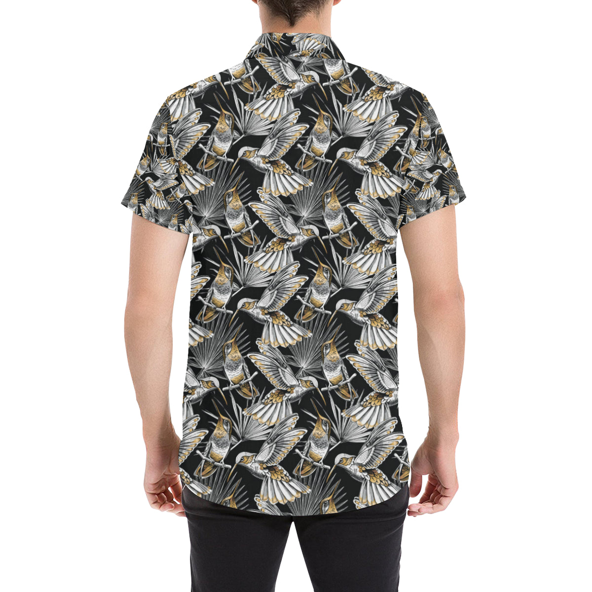 Hummingbird Gold Design Themed Print Men's Short Sleeve Button Up Shirt