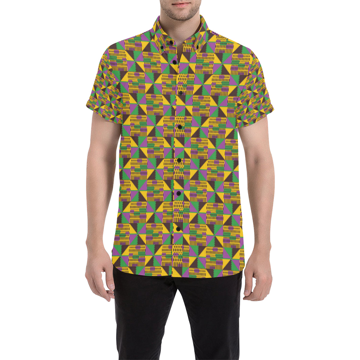 Kente Triangle Design African Print Men's Short Sleeve Button Up Shirt