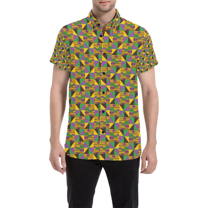 Kente Triangle Design African Print Men's Short Sleeve Button Up Shirt