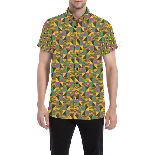 Kente Triangle Design African Print Men's Short Sleeve Button Up Shirt