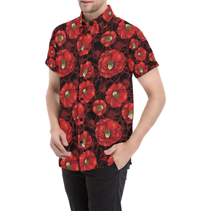 Camellia Pattern Print Design CM06 Men's Short Sleeve Button Up Shirt