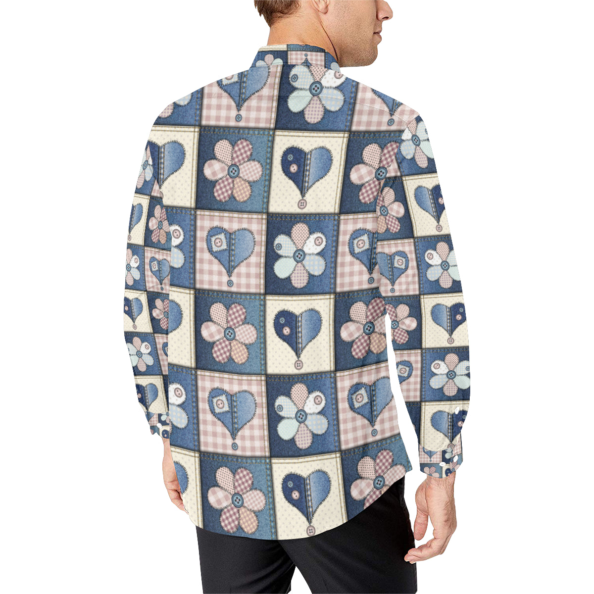 Patchwork Heart Flower Pattern Print Design 01 Men's Long Sleeve Shirt