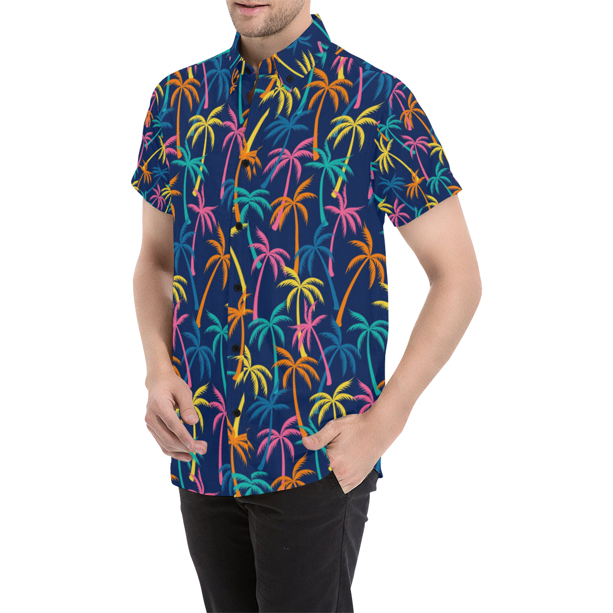 Palm Tree Pattern Print Design PT013 Men's Short Sleeve Button Up Shirt