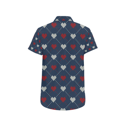 Heart Knit Pattern Print Design HE05 Men's Short Sleeve Button Up Shirt