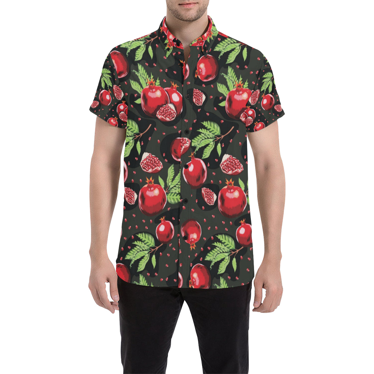 Pomegranate Pattern Print Design PG06 Men's Short Sleeve Button Up Shirt