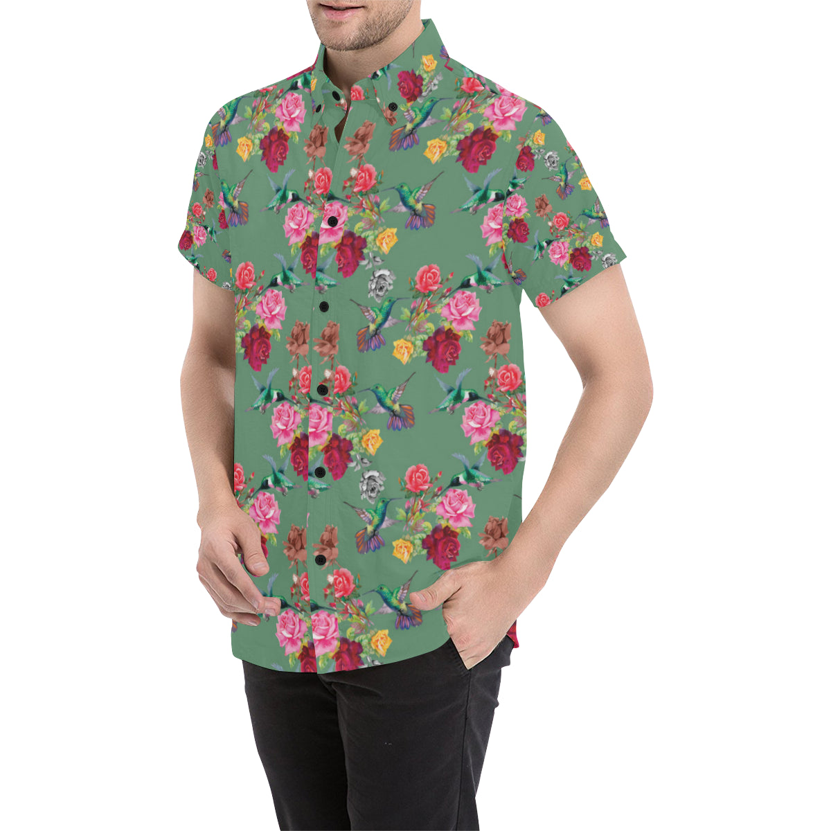 Hummingbird with Rose Themed Print Men's Short Sleeve Button Up Shirt