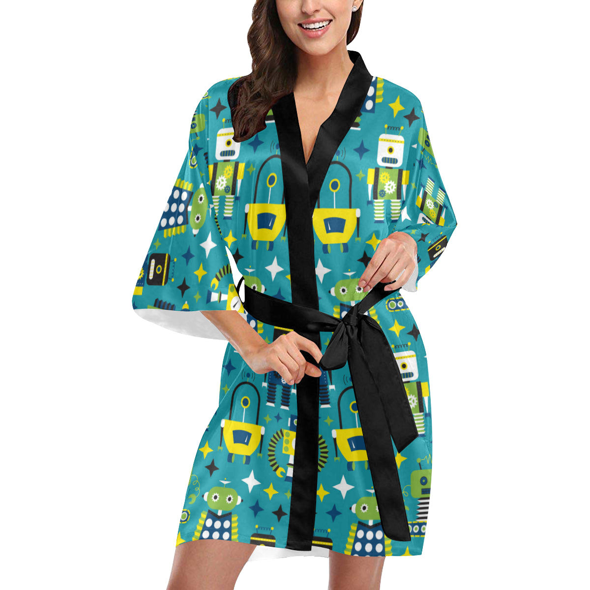 Robot Pattern Print Design A02 Women's Short Kimono