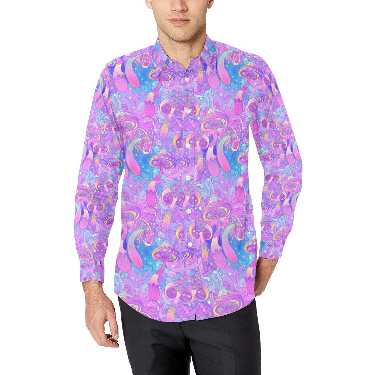 Psychedelic Trippy Mushroom Print Men's Long Sleeve Shirt