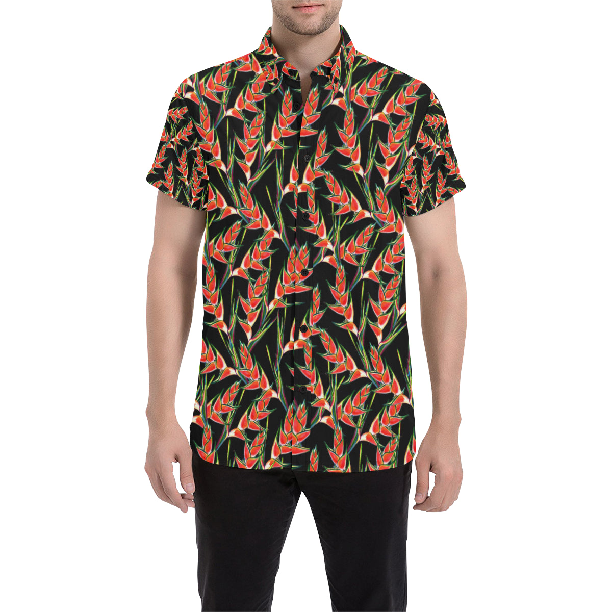 Heliconia Pattern Print Design HL010 Men's Short Sleeve Button Up Shirt