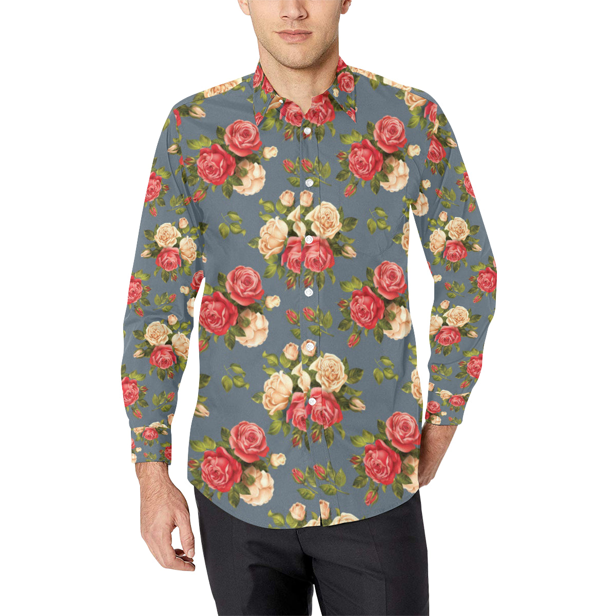 Rose Pattern Print Design RO017 Men's Long Sleeve Shirt