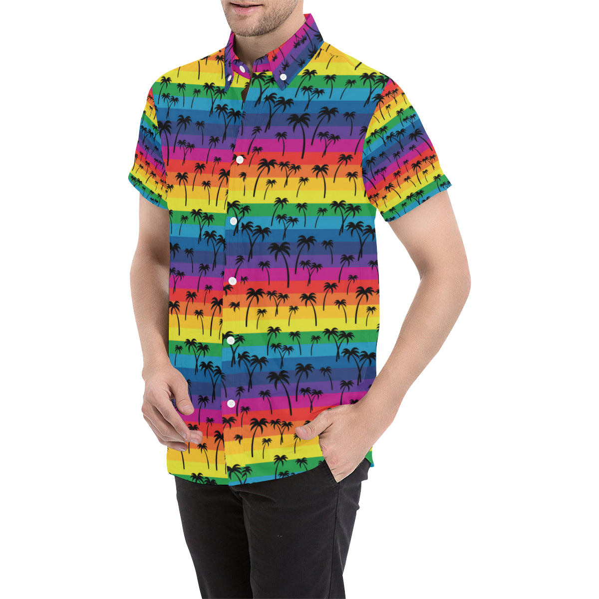 Palm Tree Rainbow Themed Print Men's Short Sleeve Button Up Shirt