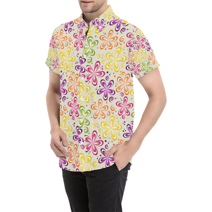 Flower Power Colorful Design Print Men's Short Sleeve Button Up Shirt