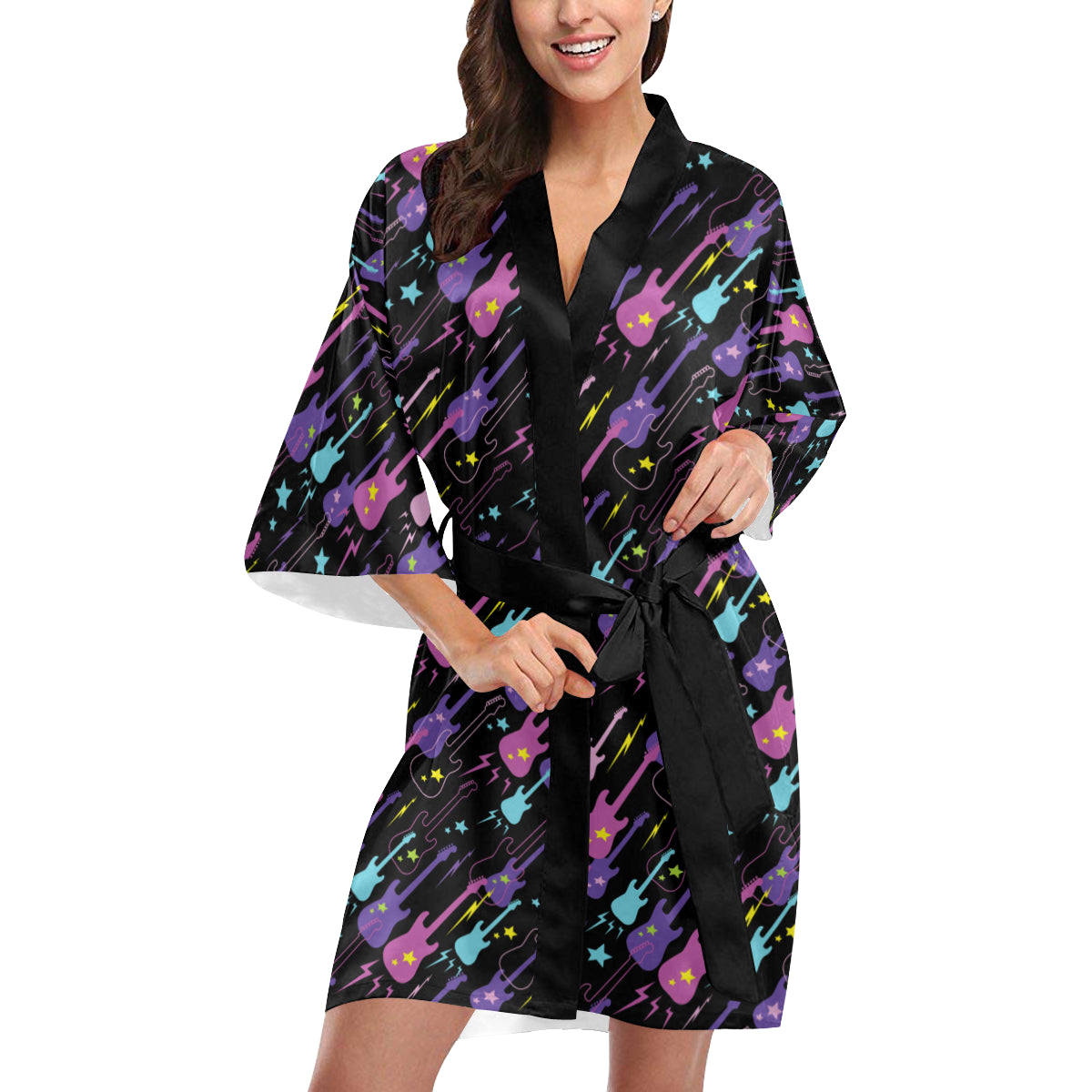 Electric Guitar Pattern Print Design 02 Women's Short Kimono