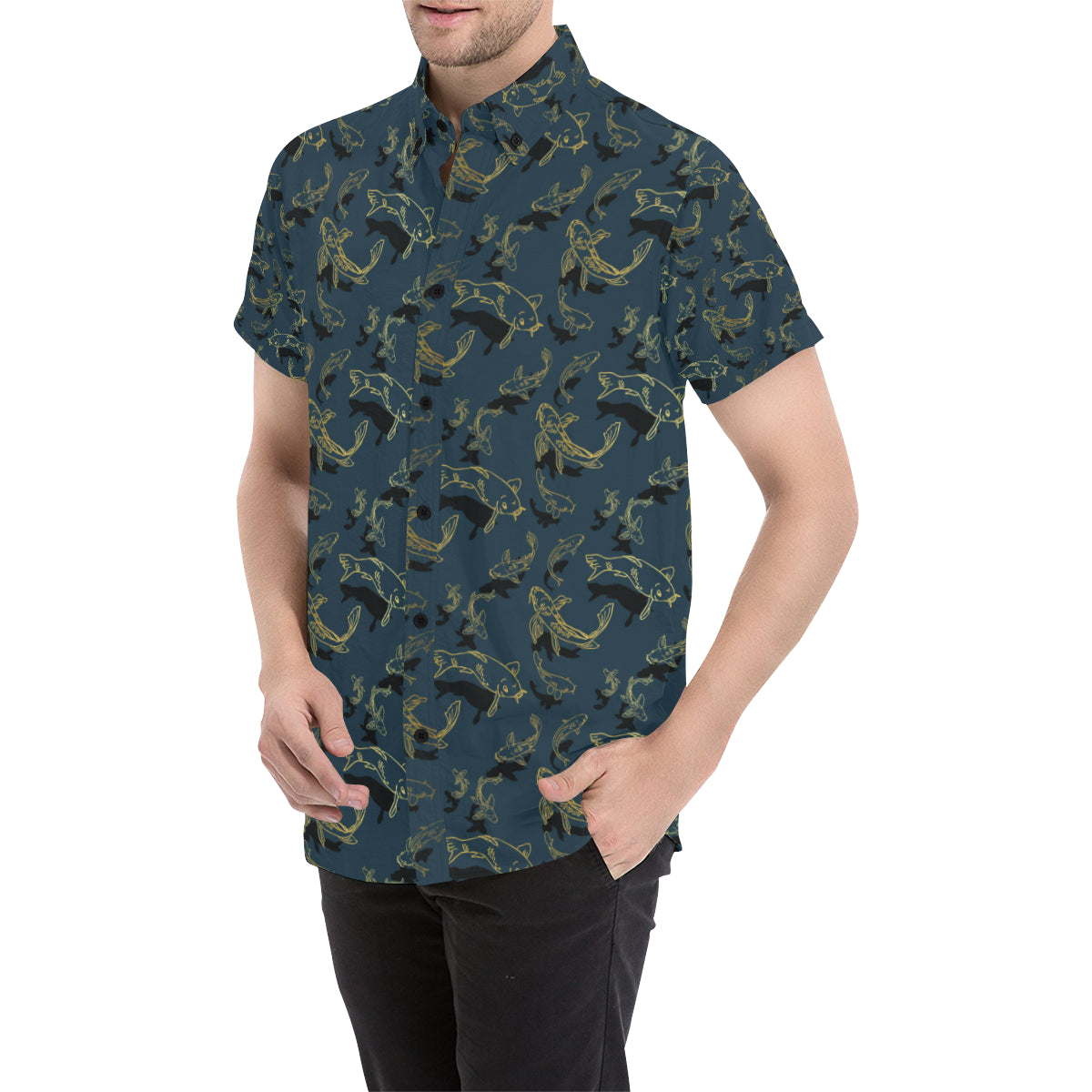 Koi Carp Gold Design Themed Print Men's Short Sleeve Button Up Shirt