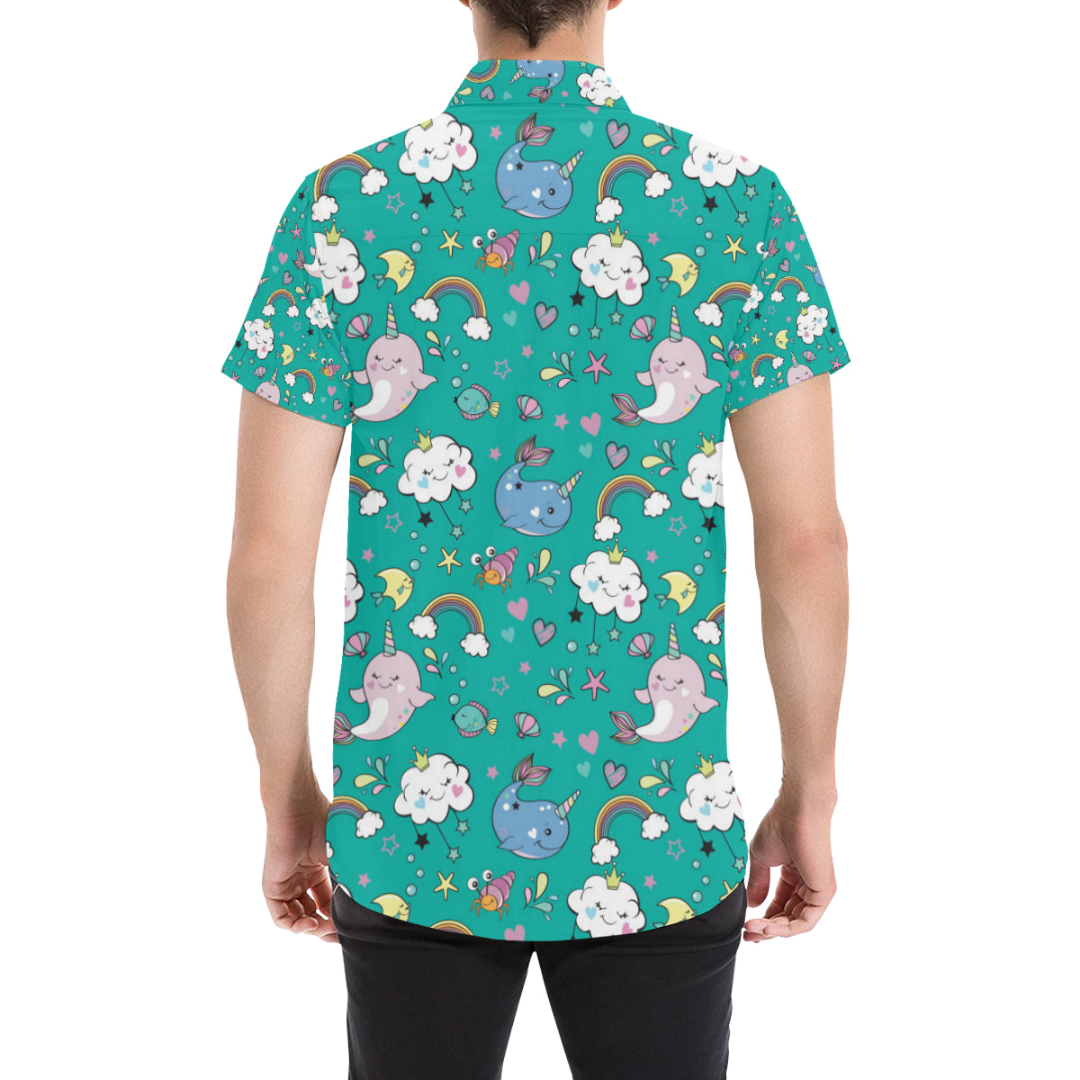 Narwhal Pattern Print Design 04 Men's Short Sleeve Button Up Shirt