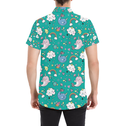 Narwhal Pattern Print Design 04 Men's Short Sleeve Button Up Shirt